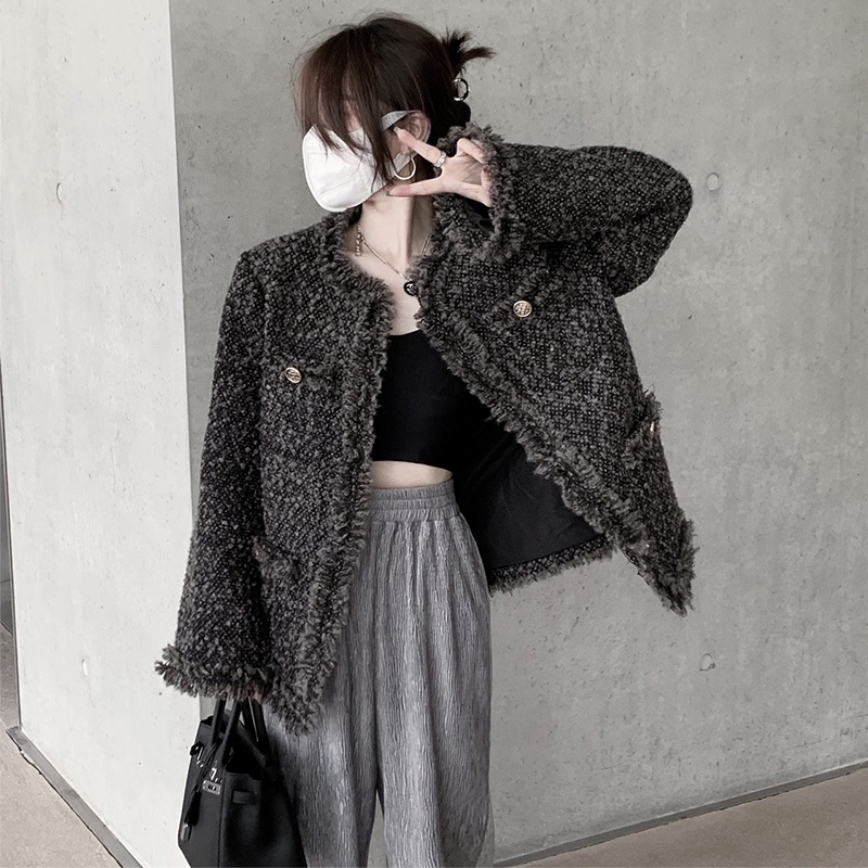 Áo khoác dạ Tweed thu đông xám đen kiểu mới Hàn Quốc-HC687.Ảnh thật 4 hình cuối
