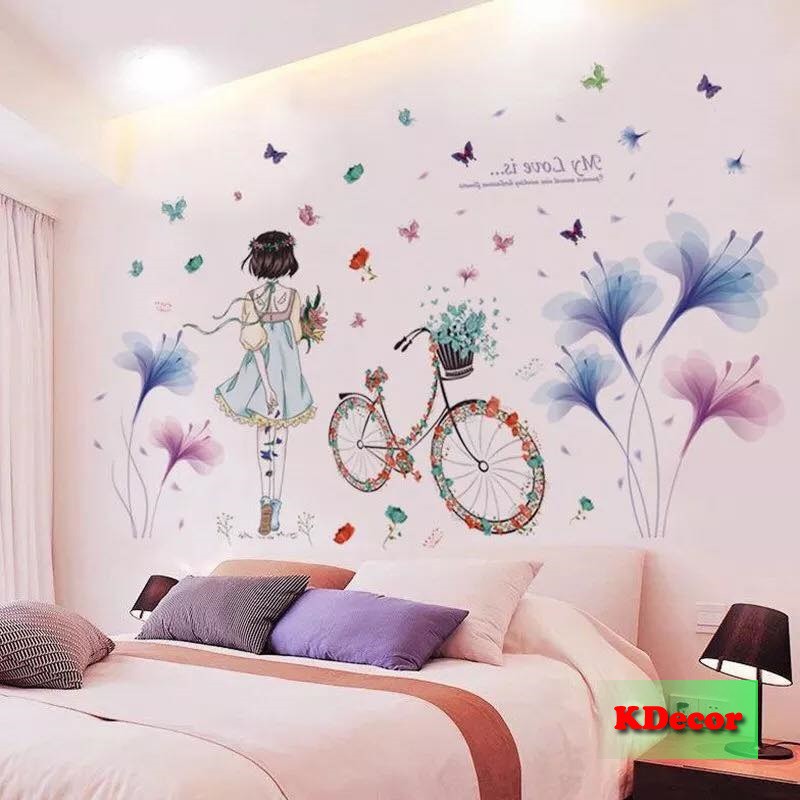 Decal dán tường Cô gái và hoa xanh