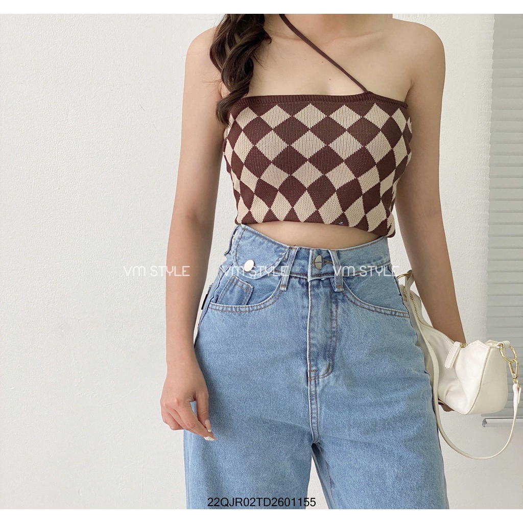 Quần jean ống rộng VM STYLE lưng cao phối 1 túi nhỏ, quần bò nữ cạp cao ống suông đứng ullzang Hàn Quốc 22QJR02TD2601