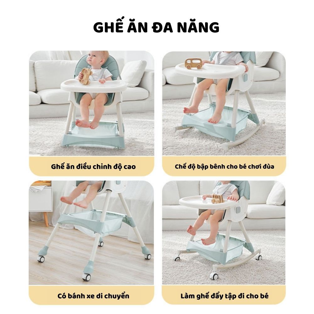Ghế Ăn Dặm Cho Bé Có Bánh Xe Gấp Gọn Điều Chỉnh Độ Cao,ngả Lưng 3 Mức Độ,kết Hợp Ghế Bập Bênh Cho Trẻ Từ 6 Tháng- 4 Tuổi