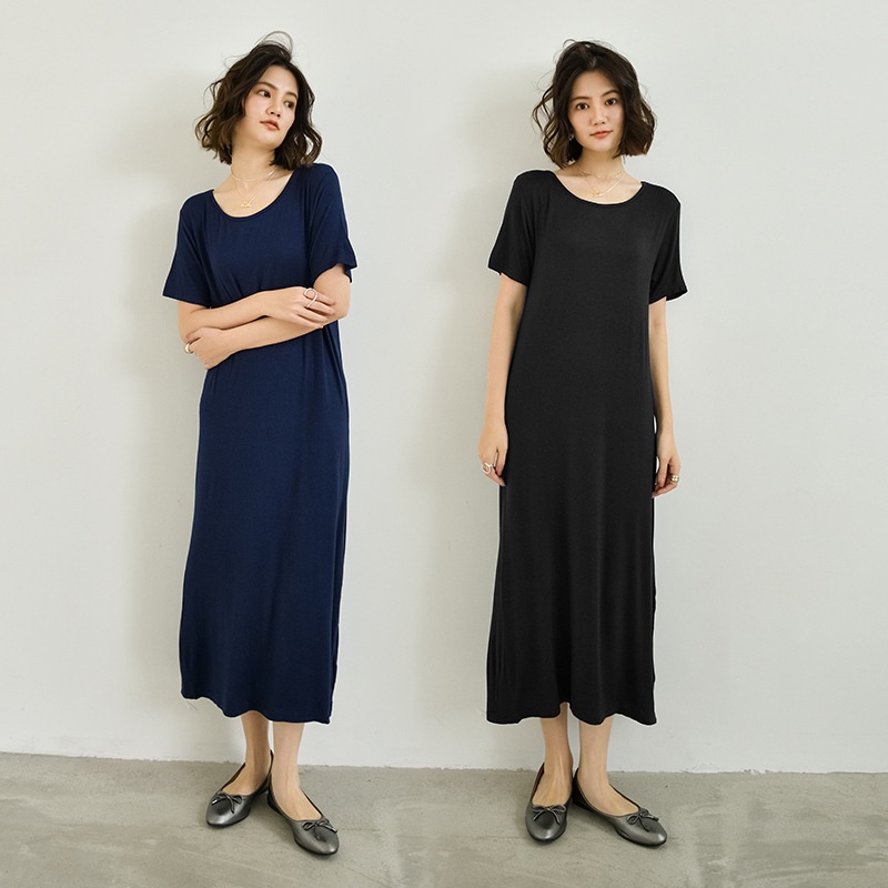 Đầm Dài Cotton Tay Ngắn Dáng Rộng Màu Trơn Thời Trang Mùa Hè Phong Cách Hàn Quốc Cho Nữ