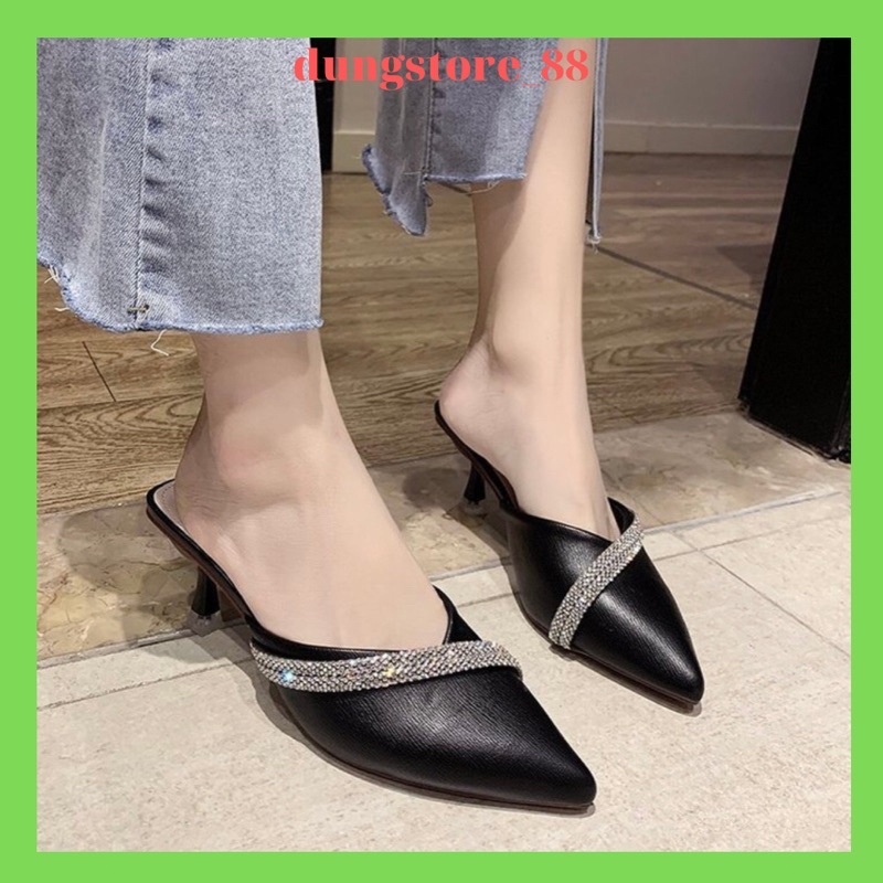 Giày cao gót mũi nhọn 5cm gót nhọn chất da mềm trang trí dây đính đá-dd011
