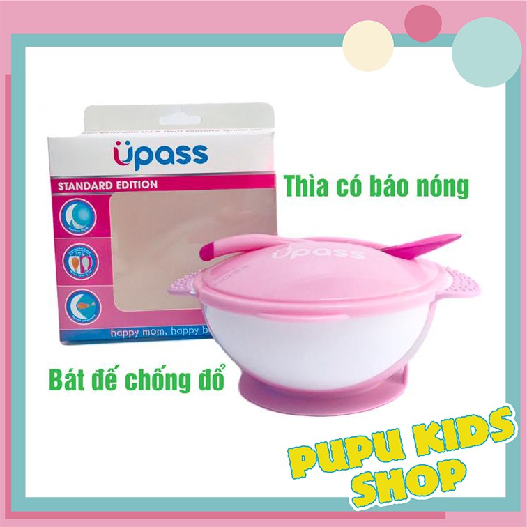 Bát chống đổ Upass Thái Lan kèm Thìa báo nóng ăn dặm cho bé