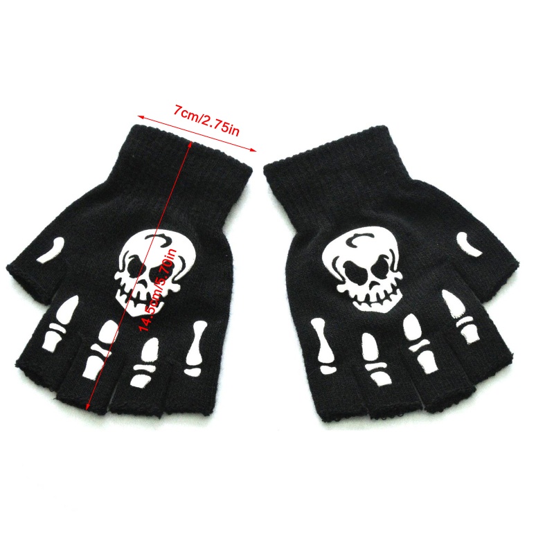 Găng Tay Hở Ngón Hình Đầu Lâu Đen Phát Sáng Trong Đêm