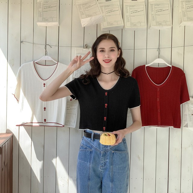 Xiaozhainv Áo thun tay ngắn ôm dáng cổ chữ V thanh lịch