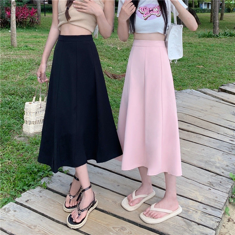 Chân váy eo cao dài trung bình màu trơn dáng chữ A