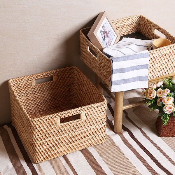 Giỏ mây đan thủ công Việt Nam BAMBOOO ECO hình vuông có tay cầm đựng đồ chơi, đồ giặt, sách vở sử dụng cho gia đình