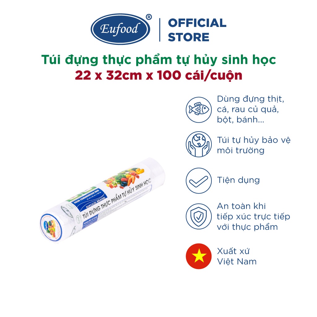Túi Đựng Thực Phẩm Tự Hủy Sinh Học (100 Cái/Cuộn) Hiệu EUFOOD