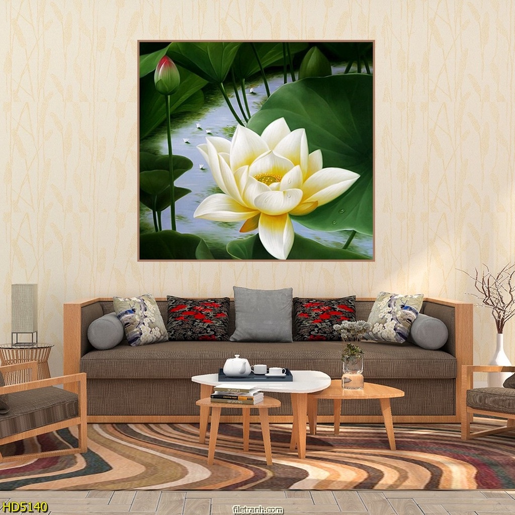 TRANH HOA SEN, Tranh tráng gương in UV 5D Mica bóng mịn Joce.Decor No1, tranh treo tường phòng khách bền đẹp 40 năm