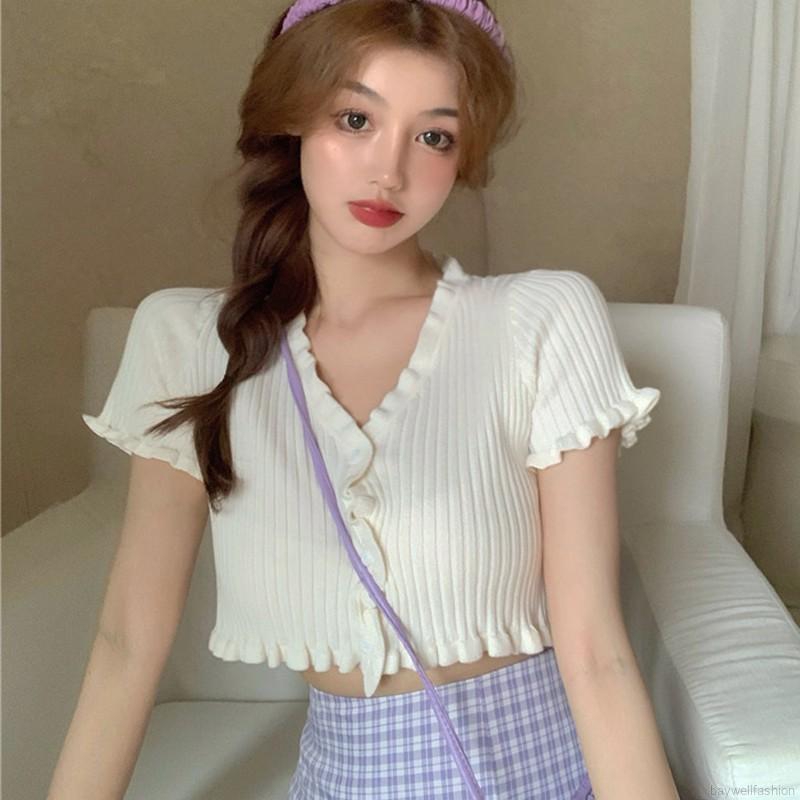 [Baywellfashion]Áo dệt kim nữ xẻ cổ chữ V tay ngắn phong cách thời trang quyến rũ | BigBuy360 - bigbuy360.vn