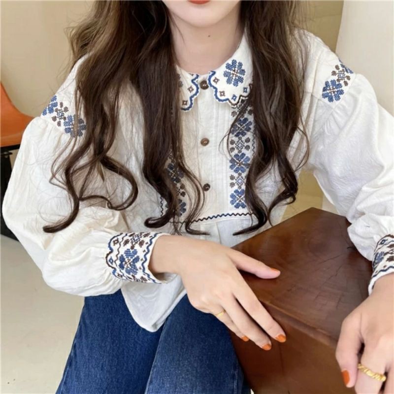 6:30PM Order Áo sơ mi croptop babydoll ulzzang tay dài họa tiết thổ cẩm màu be