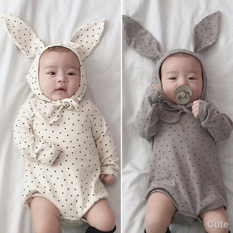 ❂Bộ áo liền quần tay dài in họa tiết ngôi sao + mũ tai thỏ xinh xắn cho trẻ em