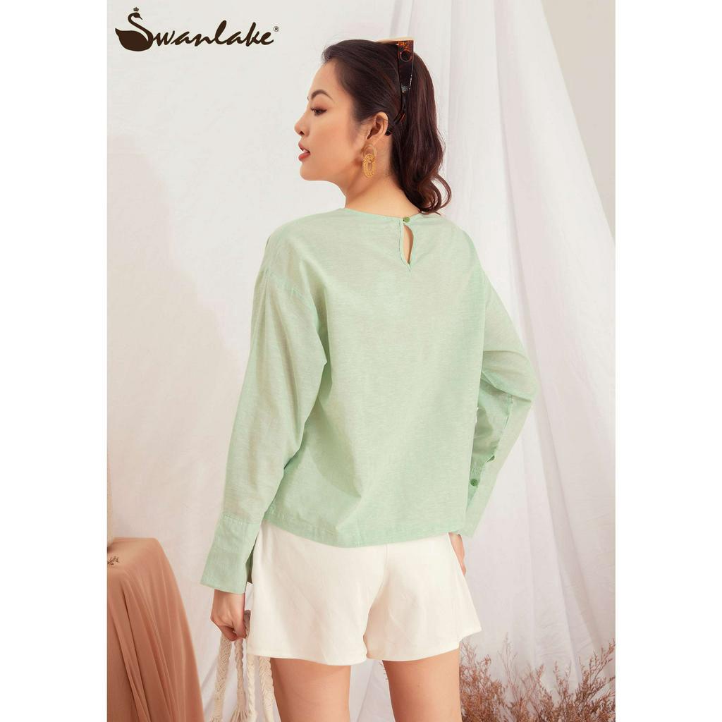 SWANLAKE | Áo Kiểu Nữ Nhún Eo Tay Dài Tôn Dáng Linen Màu Trắng - MÃ: A9352LW01
