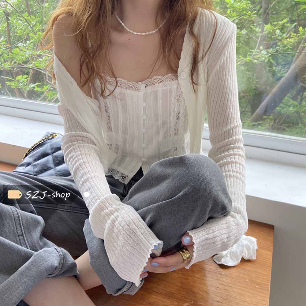 (ORDER) Áo khoác dệt kim mỏng mix áo 2 dây tiểu thư sang chảnh
