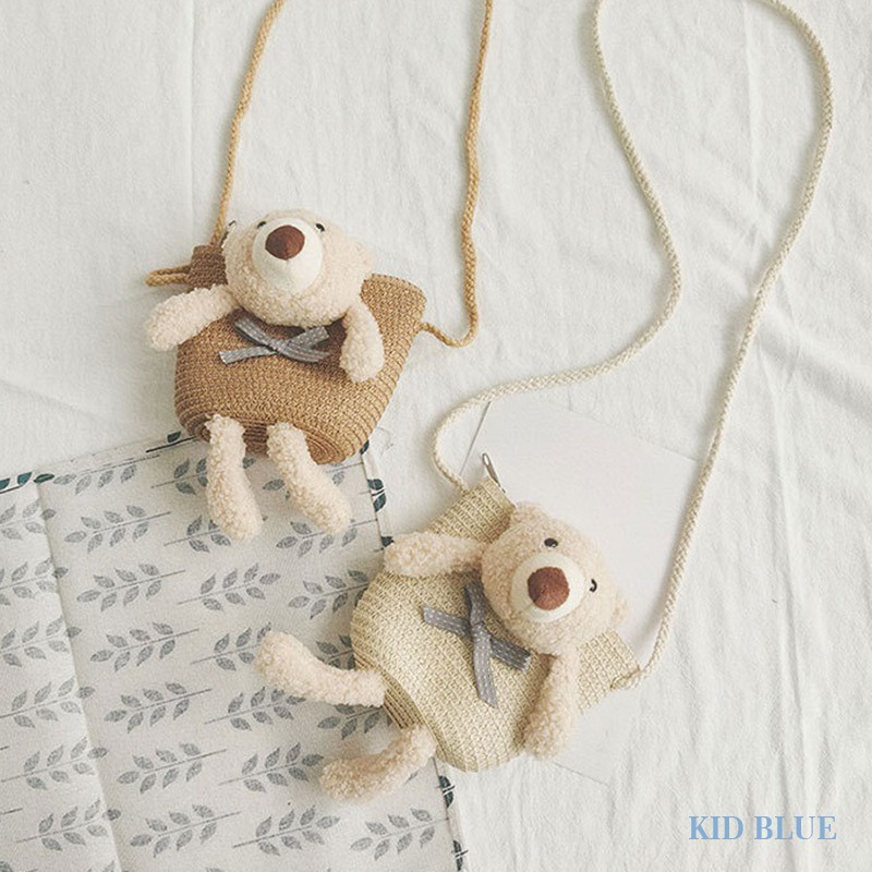 Túi Đeo Chéo Đan Mây Mini Có Khóa Kéo Hình Gấu Dễ Thương Phong Cách Công Chúa Cho Bé Gái
