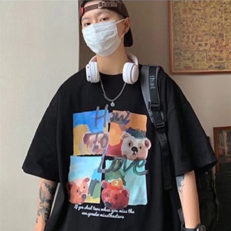 Áo Thun Tay Ngắn Cổ Tròn In Hình Gấu Hoạt Hình Dành Cho Nam