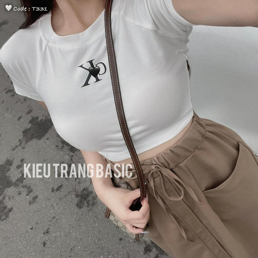 set qc áo thun in chữ dáng croptop kèm chân váy nâu kaki rộng dáng dài