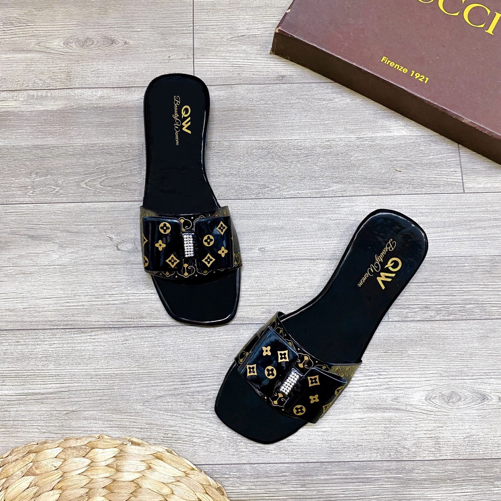 Dép quai ngang đính đá phối nơ họa tiết thanh lịch - TT443