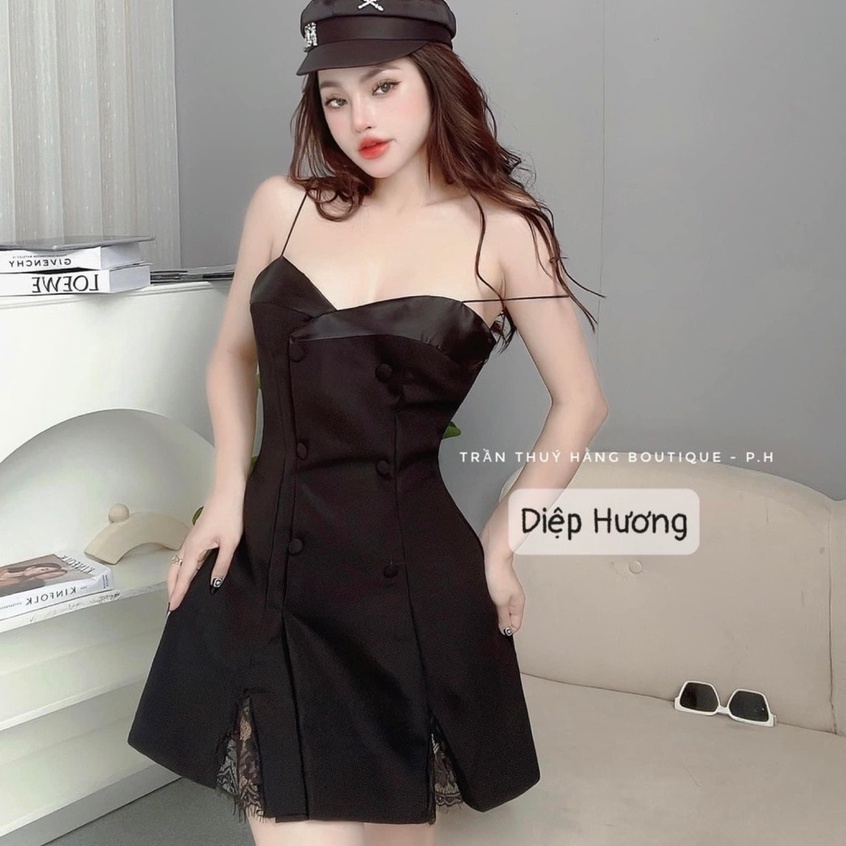 Đầm thiết kế LINH RUBI STORE đầm dự tiệc 2 dây dáng xòe cúp ngực tafta phối lụa cúc bọc chân đáp ren V502