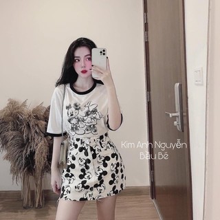 Set áo phông mickey, chân váy chữ A