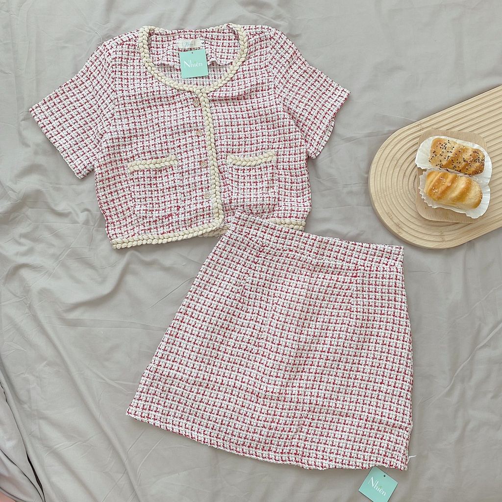 Set áo + chân váy dạ tweed thiết kế cao cấp Nhienvintage _SET1