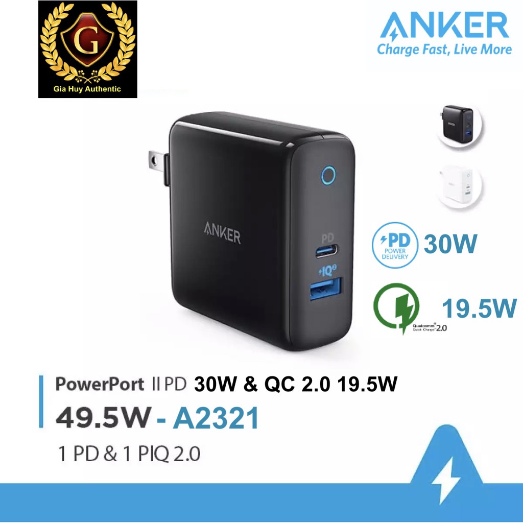 Củ sạc nhanh iPhone 12 Series, iPad Pro, Macbook Air ANKER A2321 PowerPort II 49.5W (1C 30W - 1A QC 3.0 19.5W)