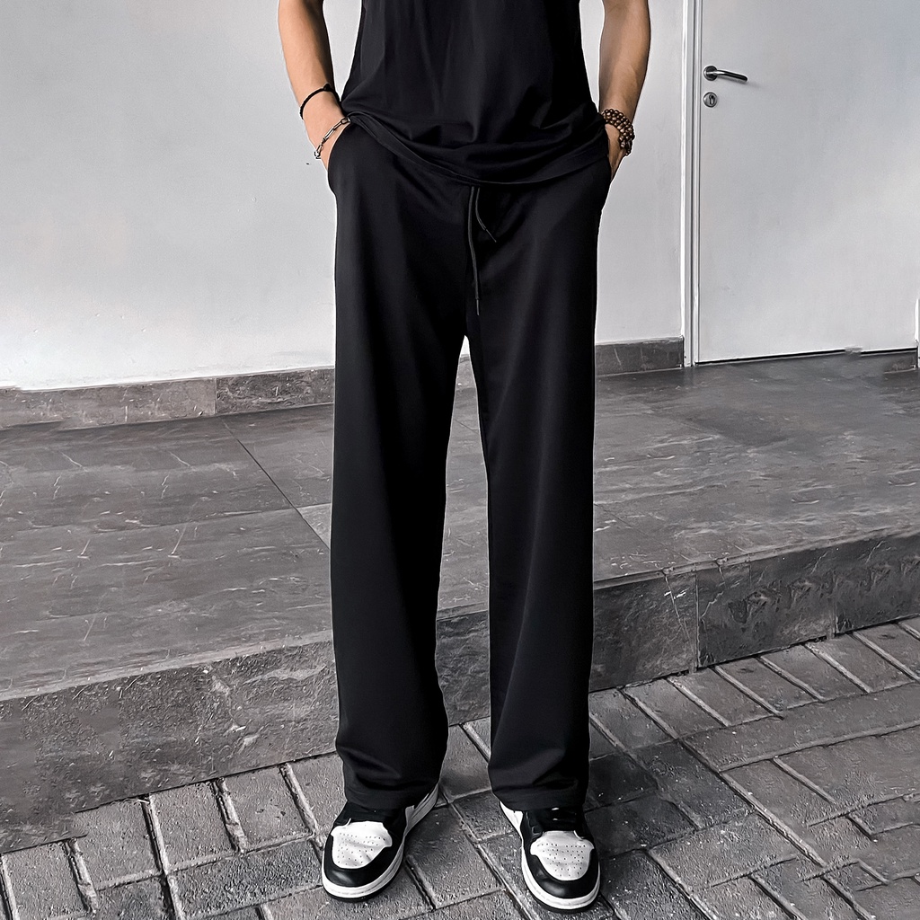 Quần Thun Trơn Dây Đen Unisex Chất Liệu 100% Cotton Form Suông Rộng Thoải Mái Phong Cách Đơn Giản