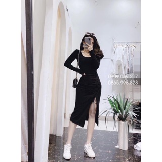 Váy body cổ vuông xẻ rút sườn