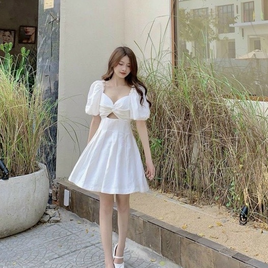 Đầm tiểu thư xoắn ngực tay phồng cho nữ phong cách công chúa công sở