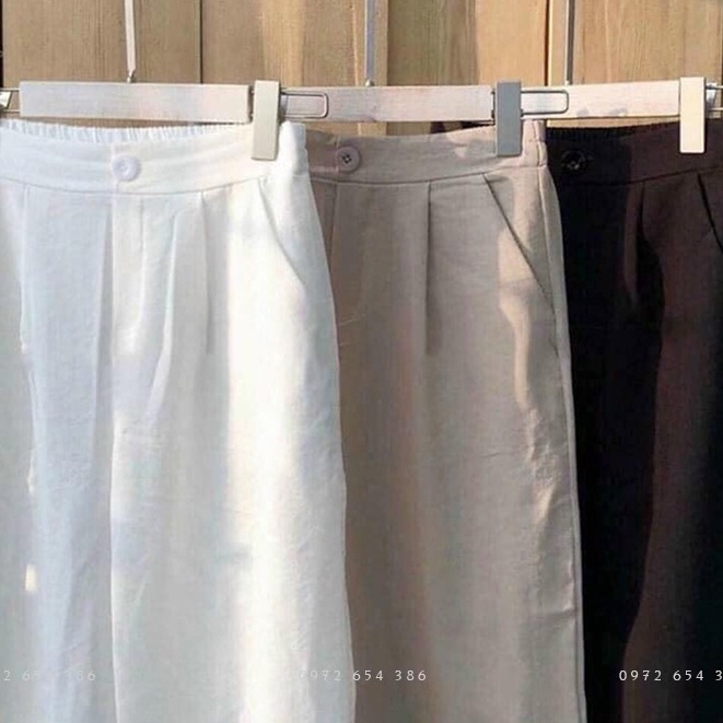 Quần ống rộng nữ cạp chun sau khoá trước lưng thun khuy cài dáng dài có túi co giãn - Quần đũi dài nữ ống rộng màu trắng