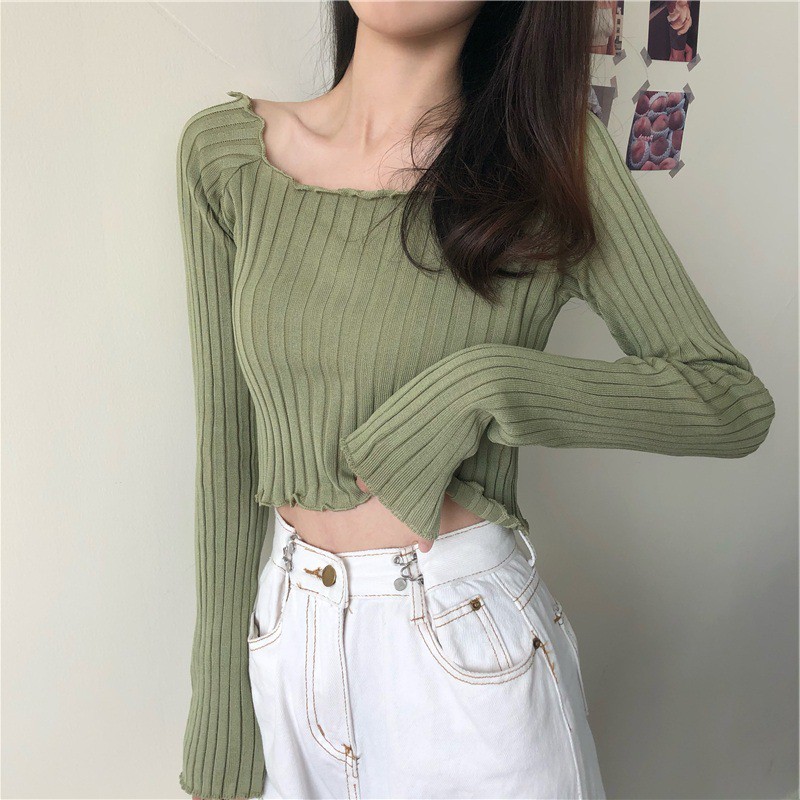 Áo croptop dài tay ulzzang ôm body trễ vai chất len tăm Hàn Quốc C64 - Maoshop