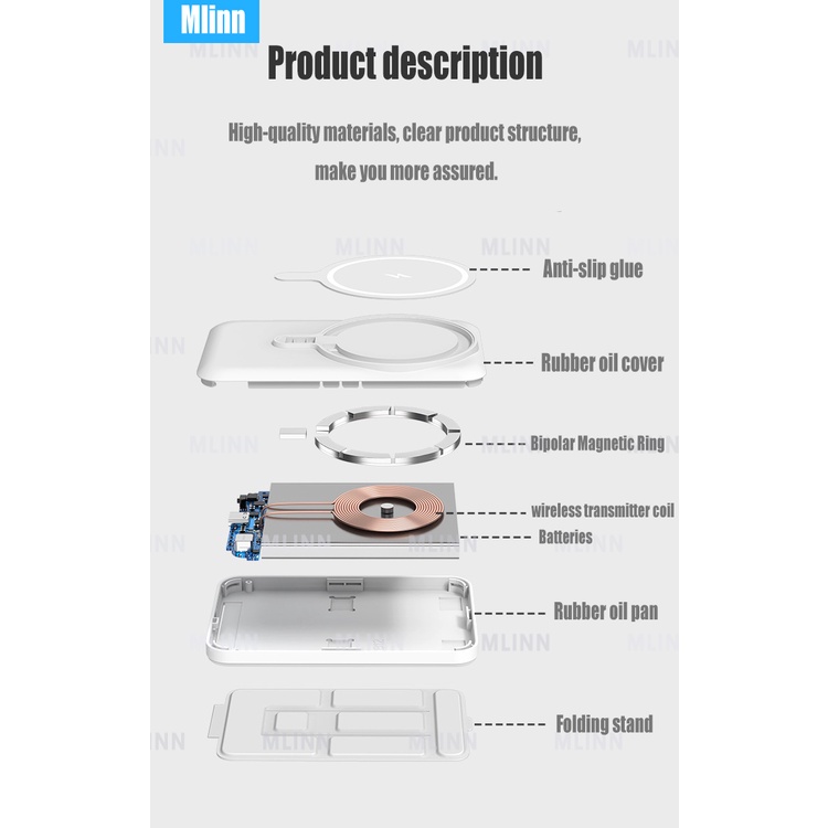 Pin Sạc Dự Phòng Không Dây 10000mAh Macsafe Có Nam Châm QC 3.0 Cho iPhone 13 12