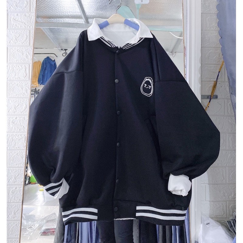 Khoác Bomber Unisex Nam Nữ Thêu Ngực Cậu Bé Dáng Rộng Viền Cỏ Tay Bồng Basic