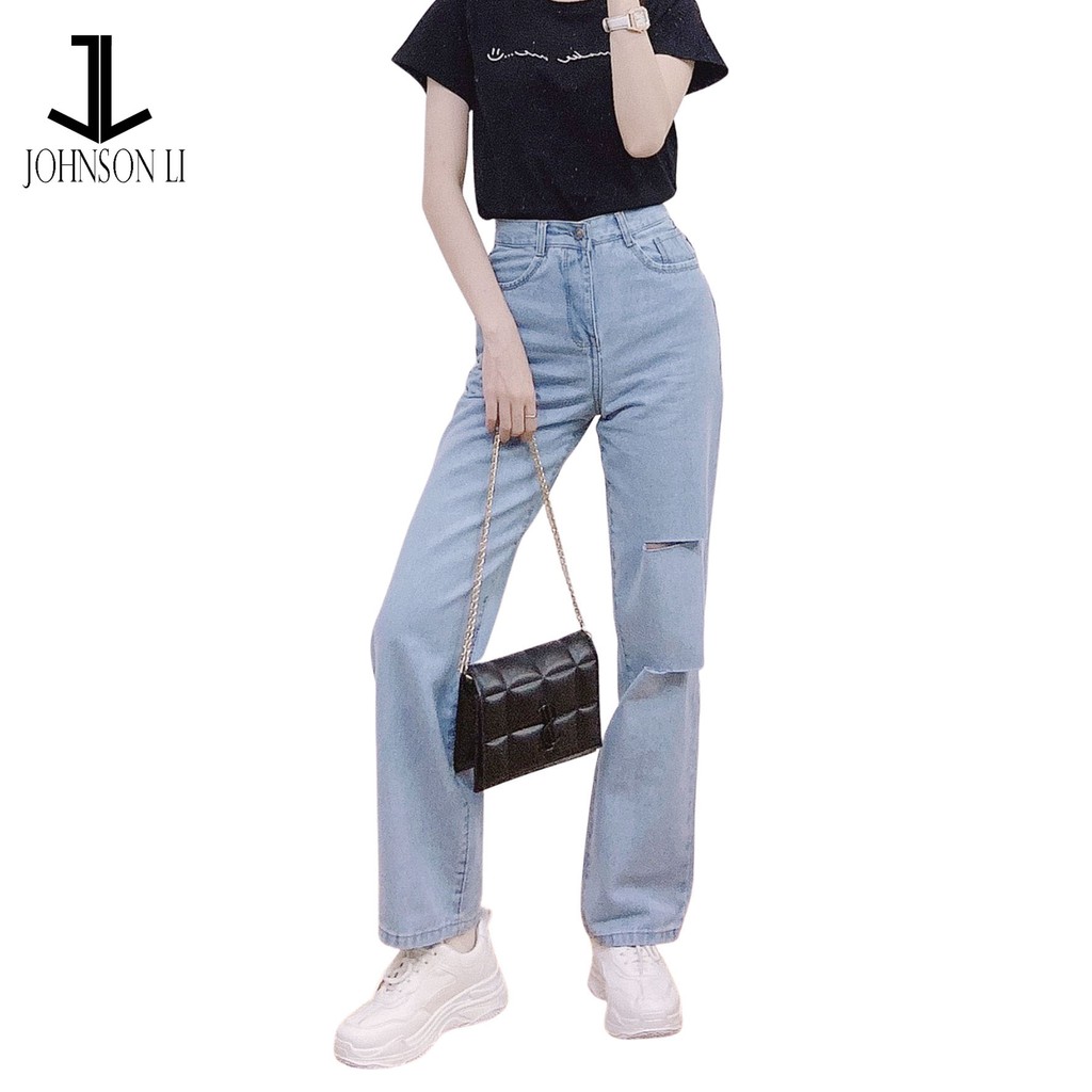 Quần baggy jean nữ cao cấp, lưng cao,màu xanh jean bạc cắt rách nhiều, quần jean nữ  LB202 JL JohnsonLi