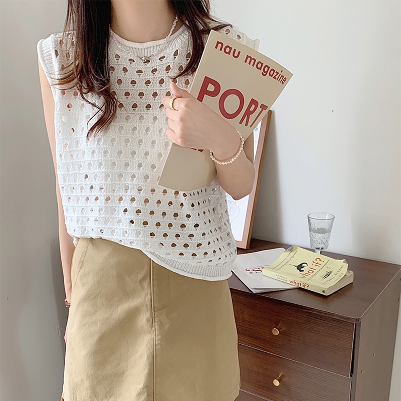 Áo dệt kim IELGY không tay cổ tròn màu trơn thời trang cho nữ