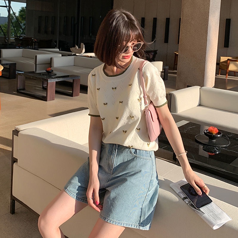 Áo Thun Dệt Kim Tay Ngắn Cổ Tròn Thiết Kế Đục Lỗ Mỏng Thời Trang Mùa Hè Hàng Mới Dành Cho Bạn Nữ