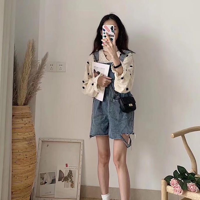 Quần yếm jean IELGY dáng ngắn ống rộng phong cách Hàn Quốc cổ điển dành cho nữ