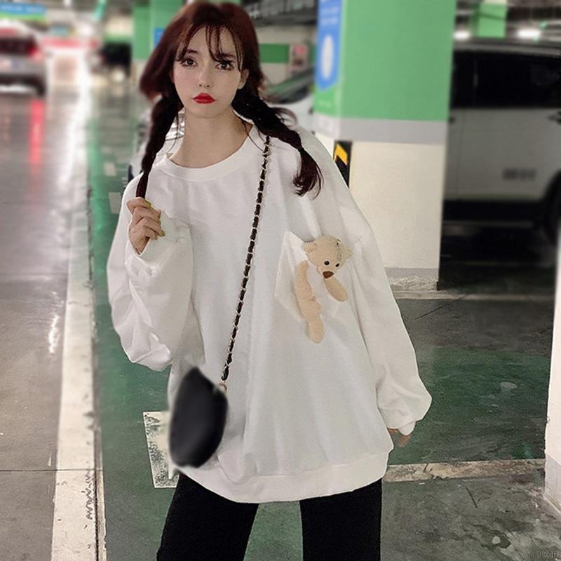 Áo Sweater Nữ Tay Dài Dáng Rộng In Hình Gấu Dễ Thương Phong Cách Hàn Quốc