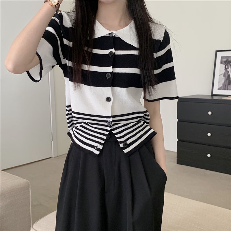 Áo Cardigan Dệt Kim Cổ polo Dáng Ngắn Phong Cách Pháp Thời Trang Mùa Hè Cho Nữ  tao bao