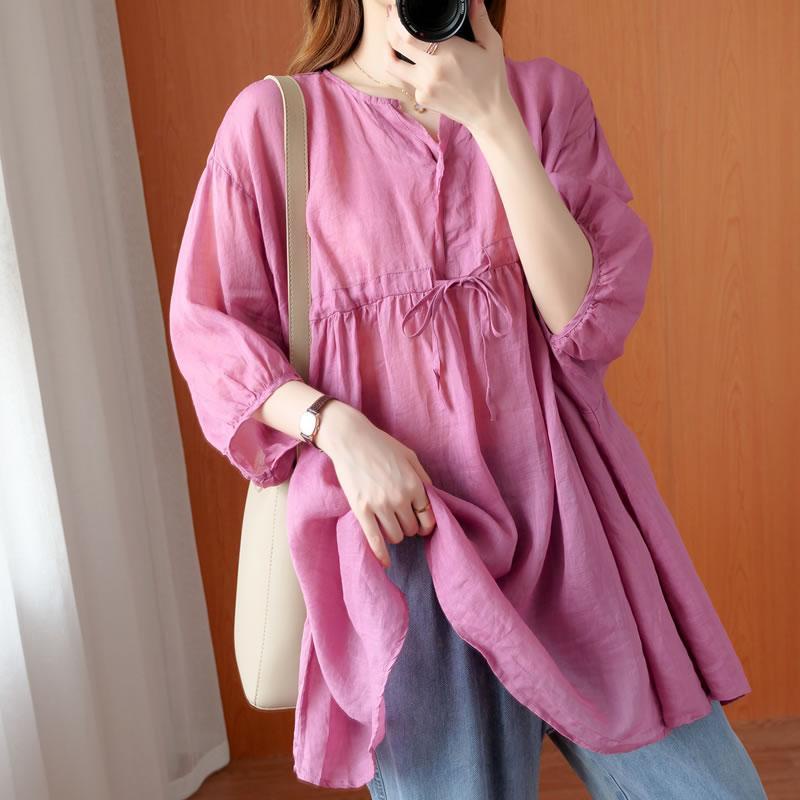 Áo Sơ Mi Cotton Lanh Mỏng Dáng Rộng Cổ Chữ V Phối Dây Rút Thời Trang Mùa Hè Cho Nữ