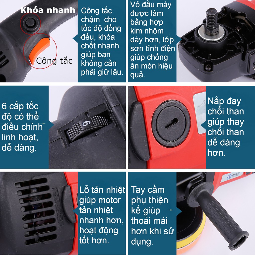 Máy đánh bóng xe hơi, chà gỗ, đá công suất 1400W 180mm M14 Polisher tặng nhiều phụ kiện