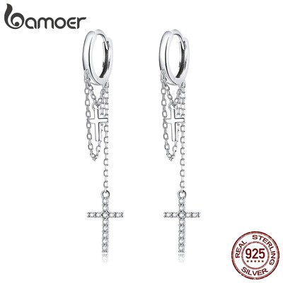BAMOER Bông Tai bạc 925 Dáng Dài Đính Đá cz Thời Trang Dự Tiệc Cho Nữ sce1002