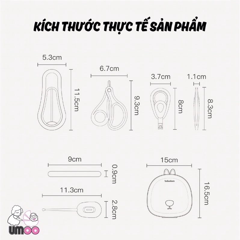 Bộ dụng cụ chăm sóc bé Umoo (bộ 6 món: bấm móng tay+nhíp+nhiệt kế nước+lấy ráy+kéo+dũa )