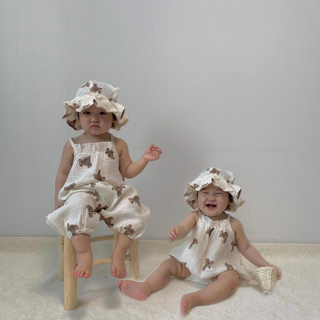 Bộ Áo Liền Quần Hai Dây Hình Gấu Dễ Thương + Nón Thời Trang Mùa Hè Cho Bé Sơ Sinh