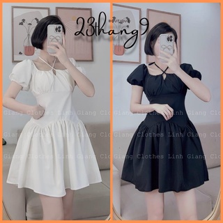 Váy nữ váy tay bồng đan dây buộc cổ vải thô đũi cao cấp màu xanh màu trắng màu đen ulzzang đi phố đi biển