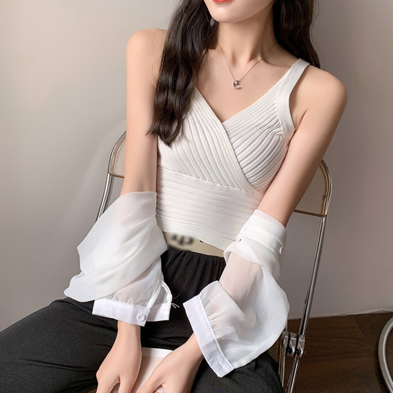 Áo Croptop Dệt Kim Không Tay Cổ Chữ V Màu Trơn Họa Tiết Kẻ Sọc Quyến Rũ Cho Nữ