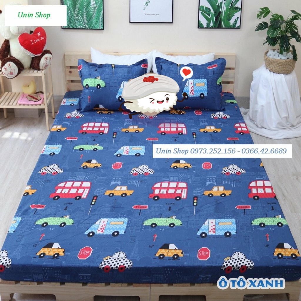 Bộ 3 món ga kèm 2 áo gối m6/m8/2m2, drap bo chun bọc nệm mẫu Kẻ Caro Vương miện poly cotton