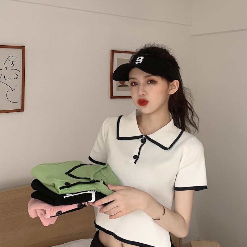 Áo Thun Dệt Kim Tay Ngắn Cổ Polo Dáng Ôm Thời Trang Mùa Hè Hàn Quốc 2022 Dành Cho Bạn Nữ
