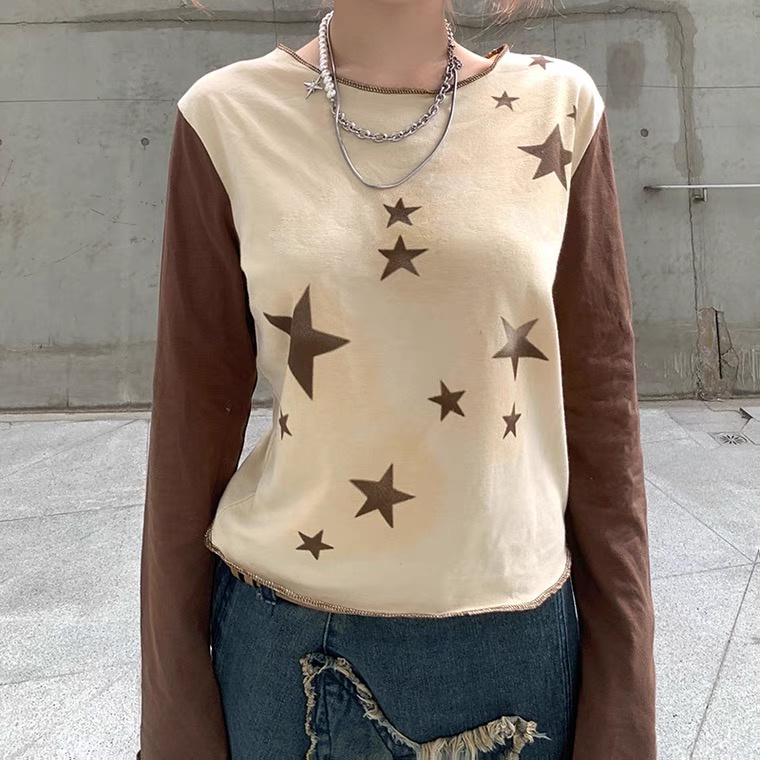 Áo Thun Crop Top Tay Dài Cổ Tròn In Hình Ngôi Sao Màu Xám Phong Cách Harajuku ODokey-Y2K Thời Trang Xuân Thu Cho Nữ