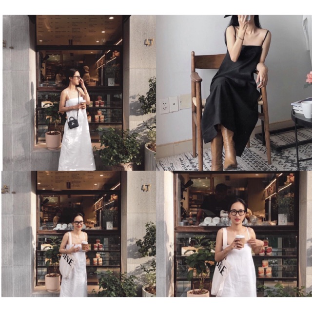 Đầm Hai Dây THYTHY dress màu trắng và đen form suông rộng basic chất vải linen